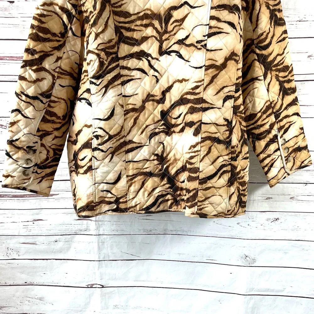 Chico's Jacket Women’s 4 US 20/22 Brown Tiger Prints Quilted Pockets Long Sleeve